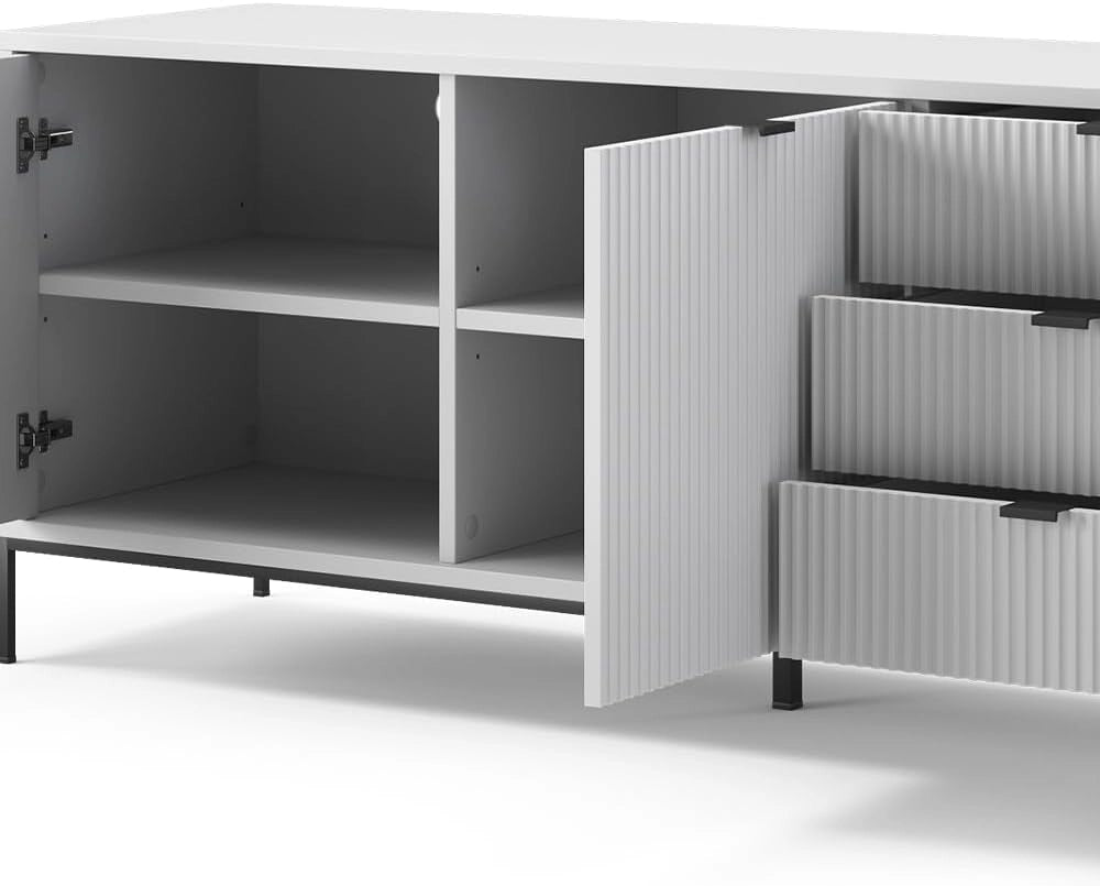 Lavagna Eliza, Bianco, 150 x 60 cm con 3 cassetti, 2 ante, utilizzabile come supporto TV e per la conservazione