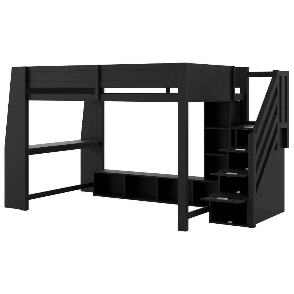 Letto alto in legno nero con scrivania stoccaggio a più livelli illuminazione led 140x200 cm