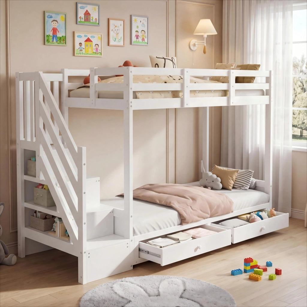 Letto a soppalco 90 × 200 cm con divano regolabile, armadio a scala e 2 cassetti, senza materasso, bianco