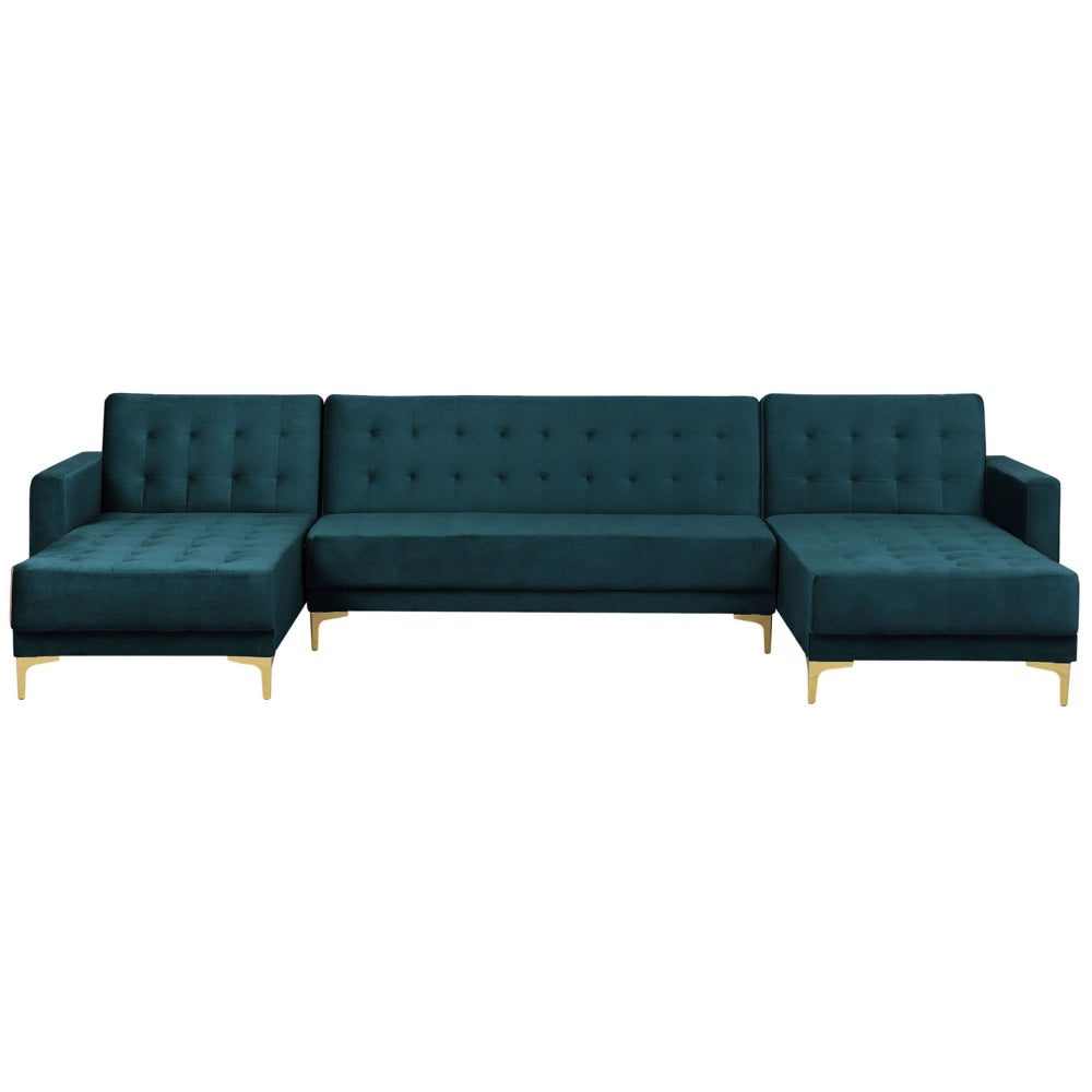 Divano letto ad angolo in tessuto trapuntato in velluto verde acqua moderno a forma di U componibile a 5 posti con chaise longue