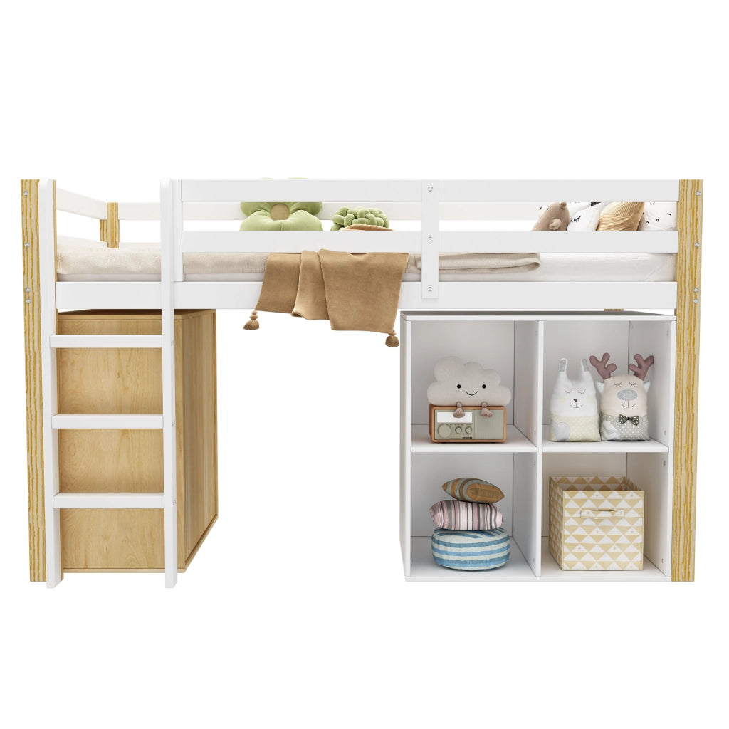 Letto a castello con scaletta 90x200 cm in legno massello bianco naturale
