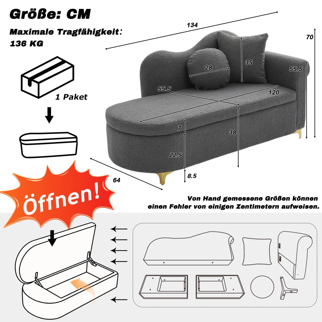 Chaise longue con vano contenitore, schienale ondulato e cuscini, in tessuto effetto teddy e metallo grigio antico