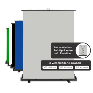 Fondale fotografico roll-up grigio 155x200, sfondo portatile con scatola di trasporto per fotoshooting, sistema autoportante, telo ingualcibile per studio fotografico