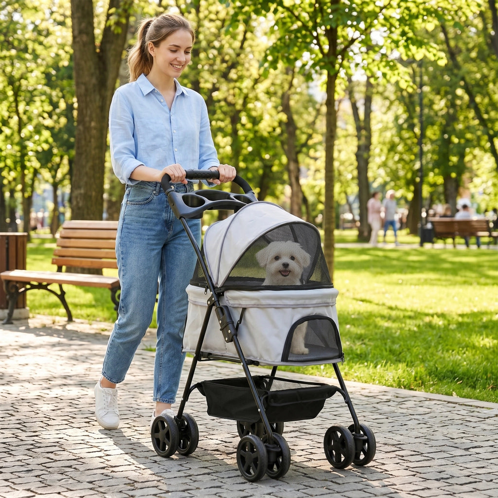 Carrello per Cani Piccoli con 4 Ruote e Finestre ¨C zephmum ¨C Grigio 67x45x96 cm