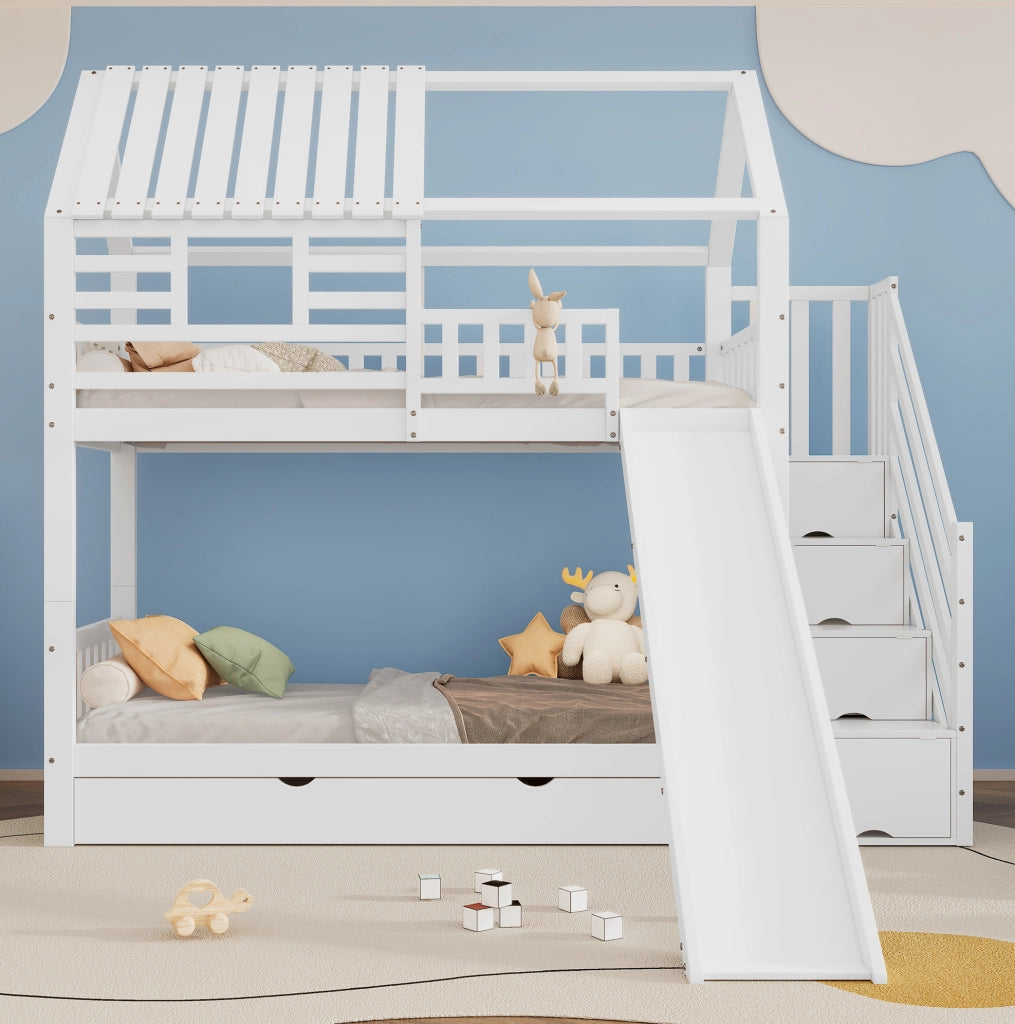 Letto a castello a casetta con scala contenitore e scivolo 90x200 cm; legno massello e MDF; bianco