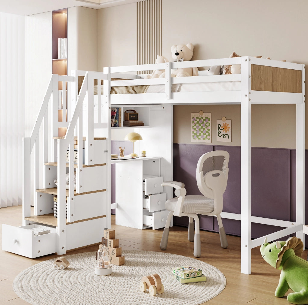 Letto a castello multifunzione con scrivania, scala contenitore e 3 cassetti