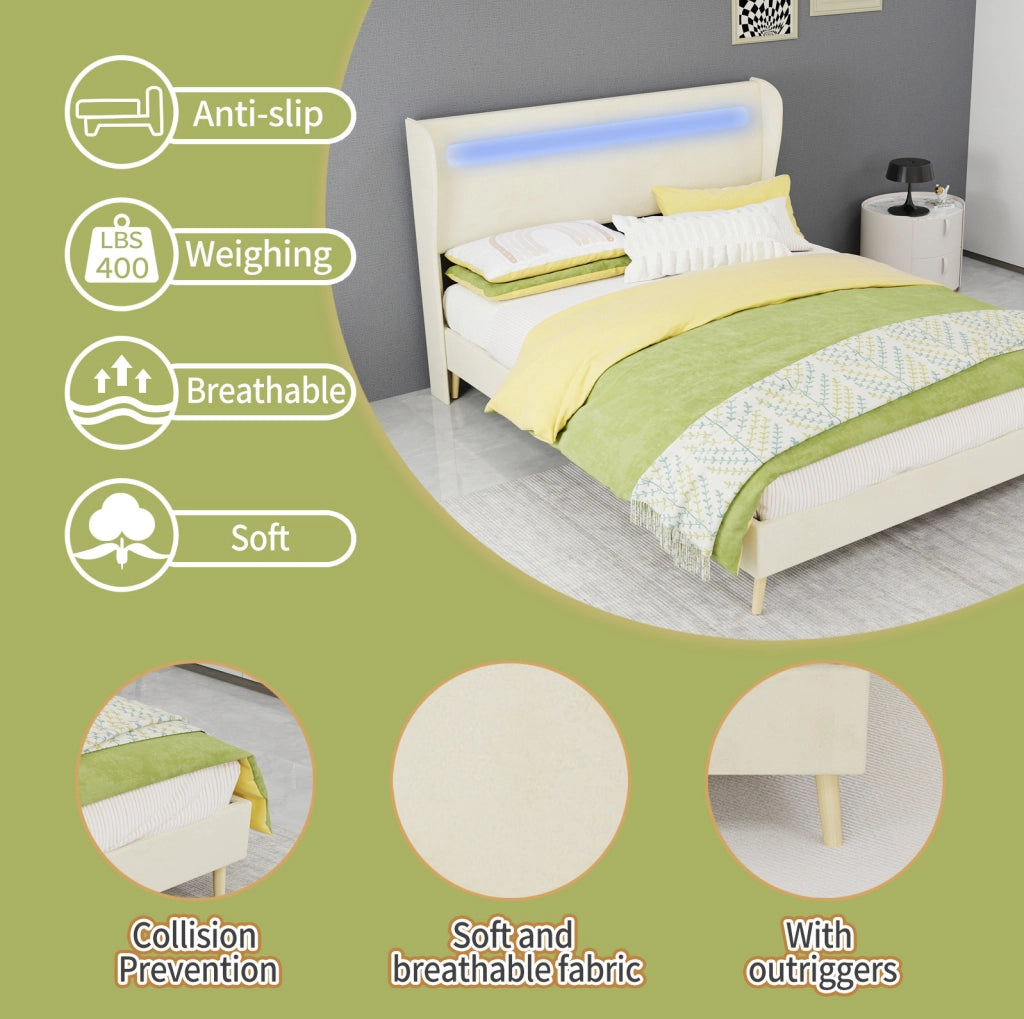 Letto imbottito con LED regolabile 140 x 200 cm in tessuto e metallo beige