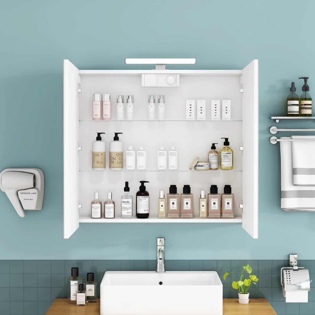 Mobile con specchio con 2 ante; LED; presa standard francese e ripiani in vetro regolabili per bagno; 87×24×79 cm