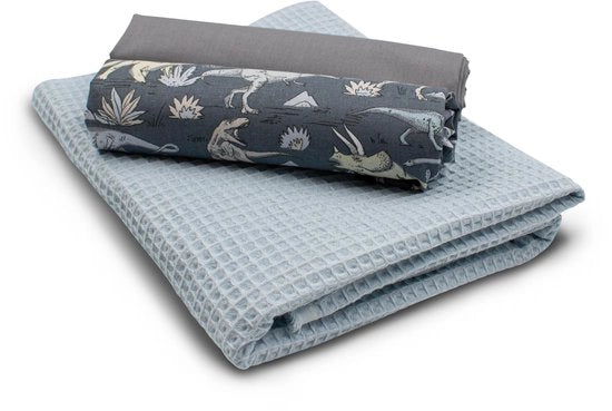 Set di stoffa wafelpiqué e cotone coordinato con tessuto di waffle 100% cotone Tex Standard 100 (Dino Set85)