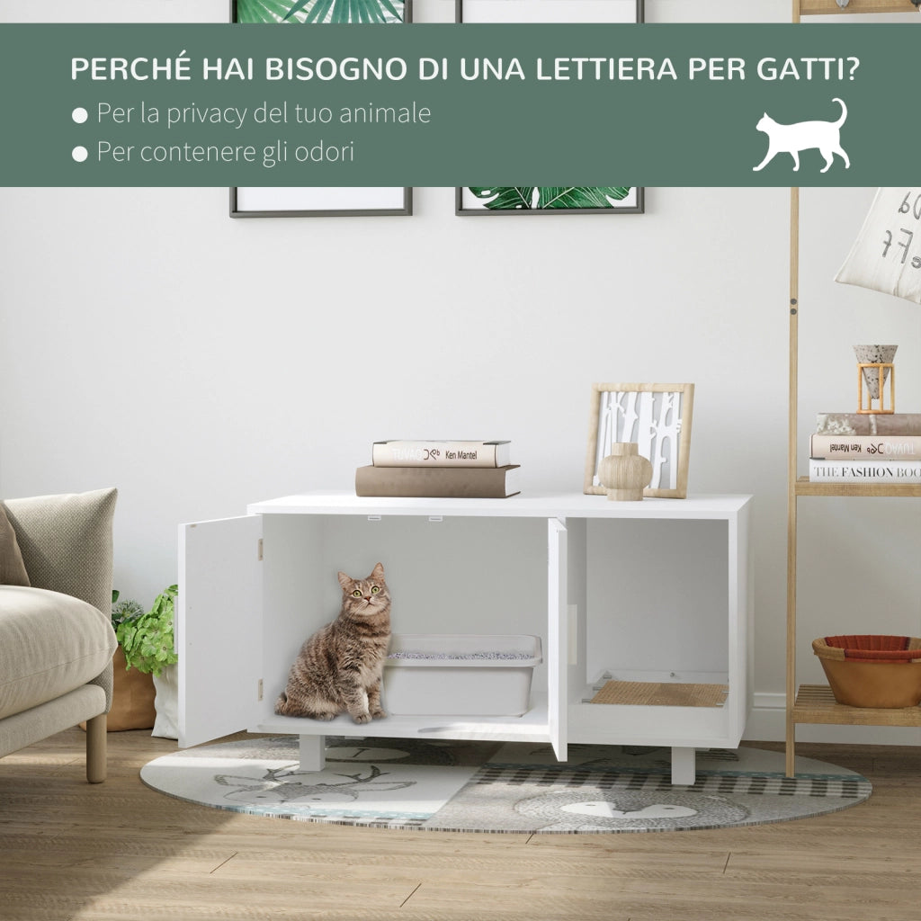 EasyComfort Mobile per Lettiera Gatti in Legno con 2 Ante e Apertura Laterale con Tiragraffi, Bianco