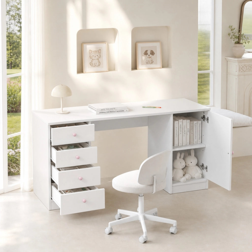 Scrivania per bambini con 4 cassetti e mobiletto, MDF bianco HAVRYA