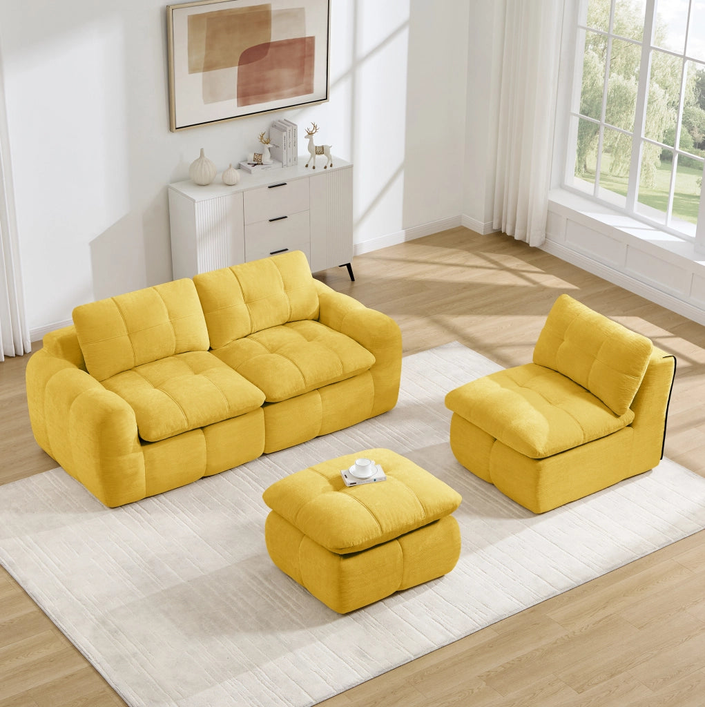 Divano modulare angolare a 3 posti con pouf 264x160x68 cm in chenille gialla