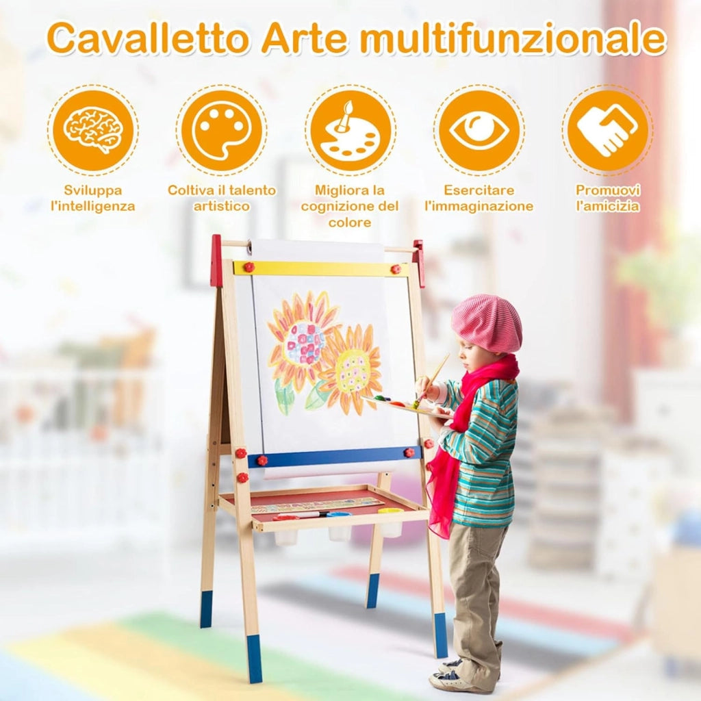 Cavalletto per Bambini 3 in 1, Lavagna Bifacciale, Cavalletto per Disegnare, con Rotolo di Carta, Lavagna Bianca Magnetica, Accessori Completi, in Legno (60x55x(112,5-124,5) cm)