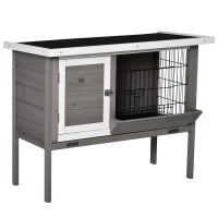Conigliera con tetto in asfalto, mangiatoia, vassoio amovibile e 2 porte, in legno, 91 x 46 x 71 cm, grigio