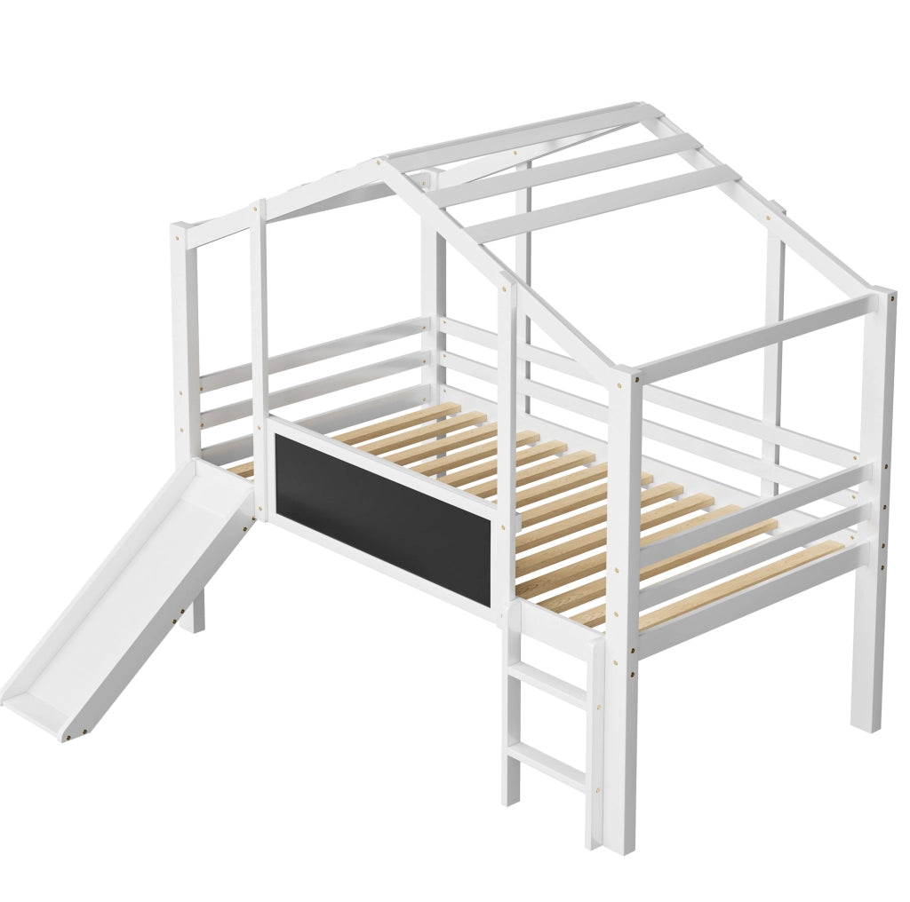 Letto a soppalco 90x200 cm con scivolo e lavagna in legno