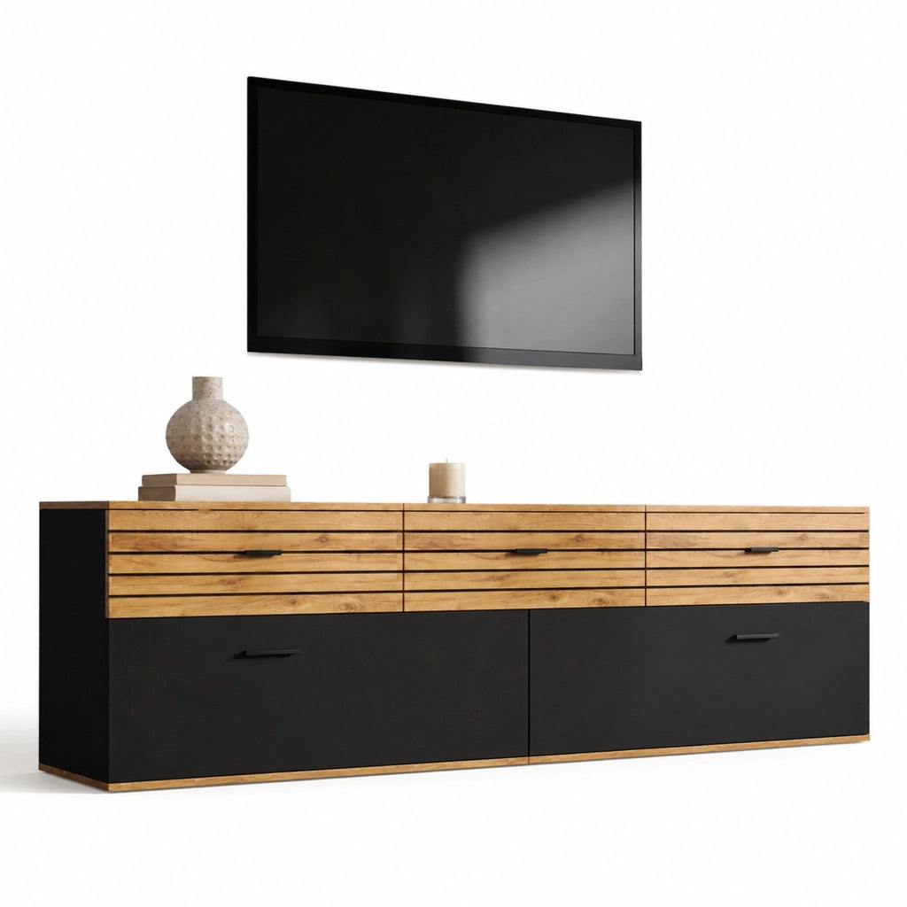 Mobile TV 168 cm con 3 cassetti e 2 ante, naturale e nero