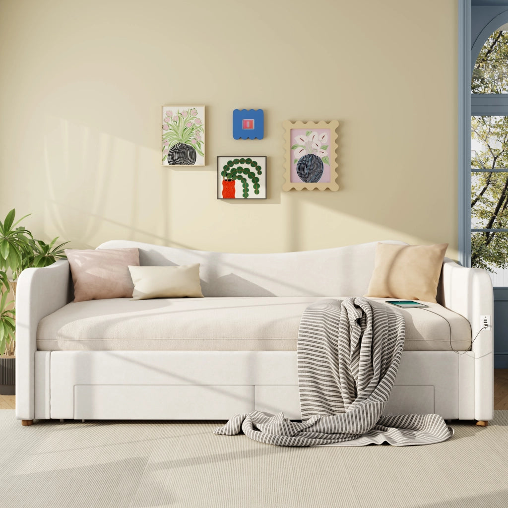 Letto imbottito estraibile 90x200 cm in velluto beige con 2 cassetti, porta USB e USB-C
