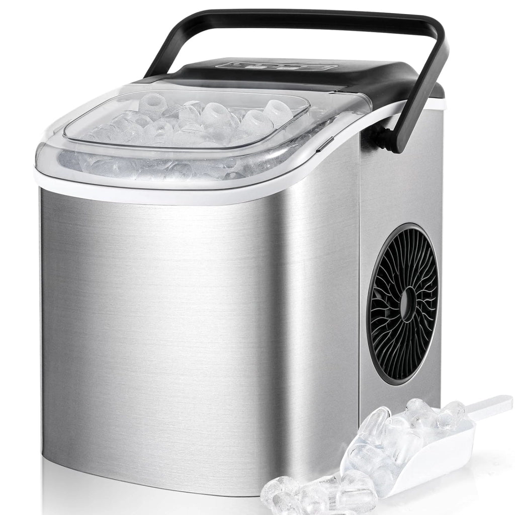 Macchina Ghiaccio, Macchina Ghiaccio Casa 12kg/24h, 9 Cubetti di Ghiaccio in 6 Minuti, 2 Dimensioni di Ghiaccio, Macchina del Ghiaccio Autopulizia, Macchina per il Ghiaccio con Maniglia/Cestello/Pala