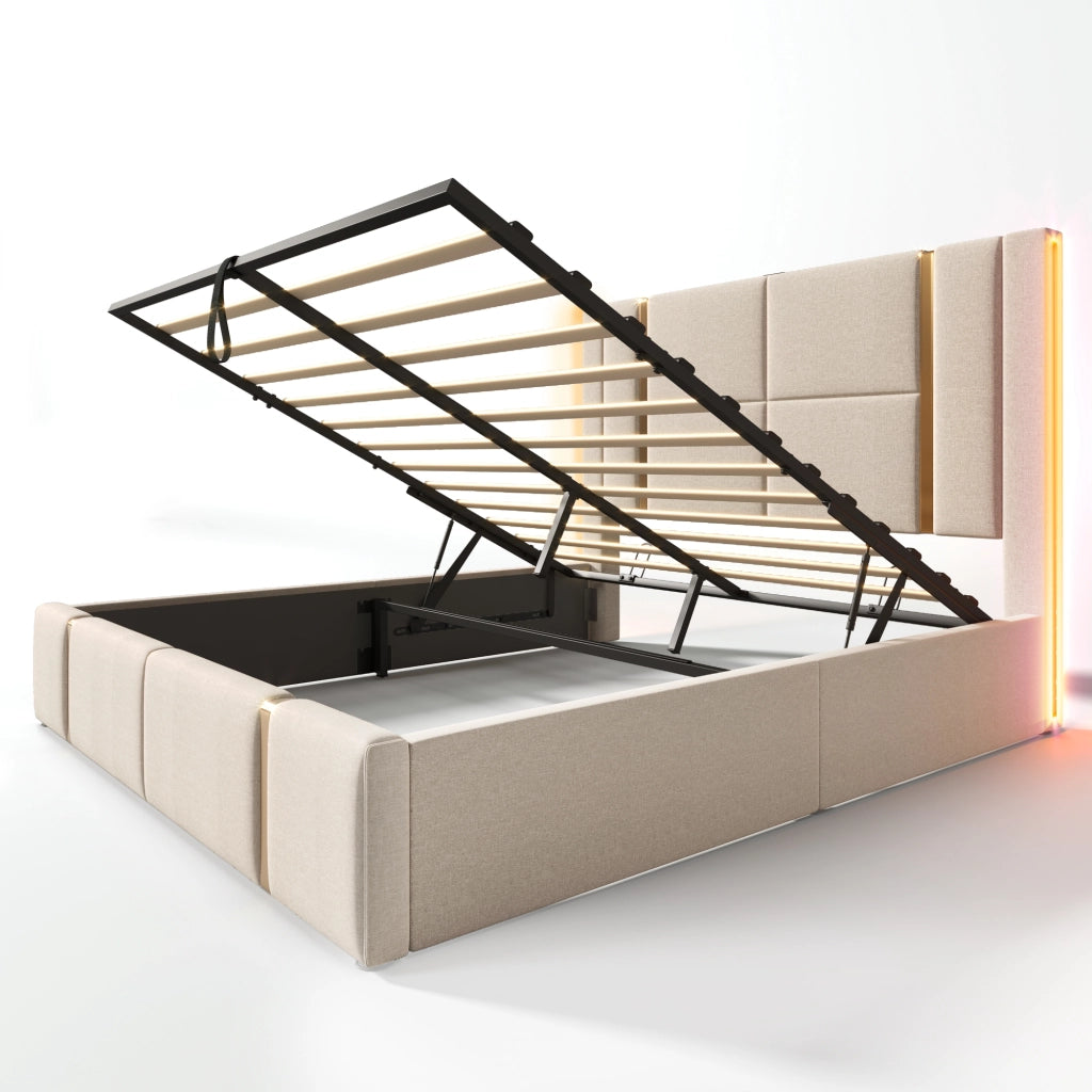 Letti contenitori 160x200 cm; rete contenitore con ricarica USB e LED; lino beige (Senza materasso)