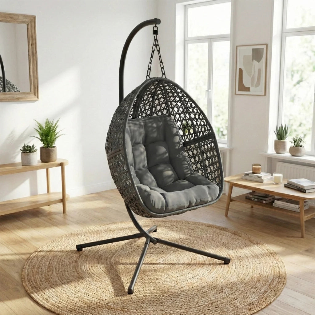 IDMarket - Poltrona a luna sospesa in rattan traforato con cuscino grigio