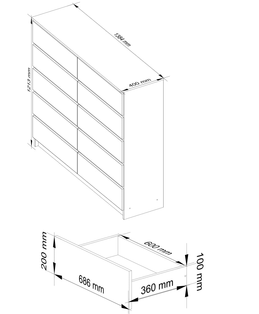 Cassettiera AKORD K140 Bianca 138 cm 10 cassetti 138x40x121 cm