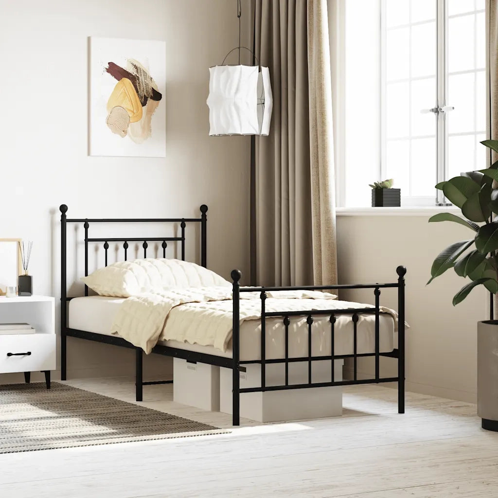 Letto singolo | Letto per adulti | Giroletto con Testiera e Pediera Metallo Nero 90x190 cm