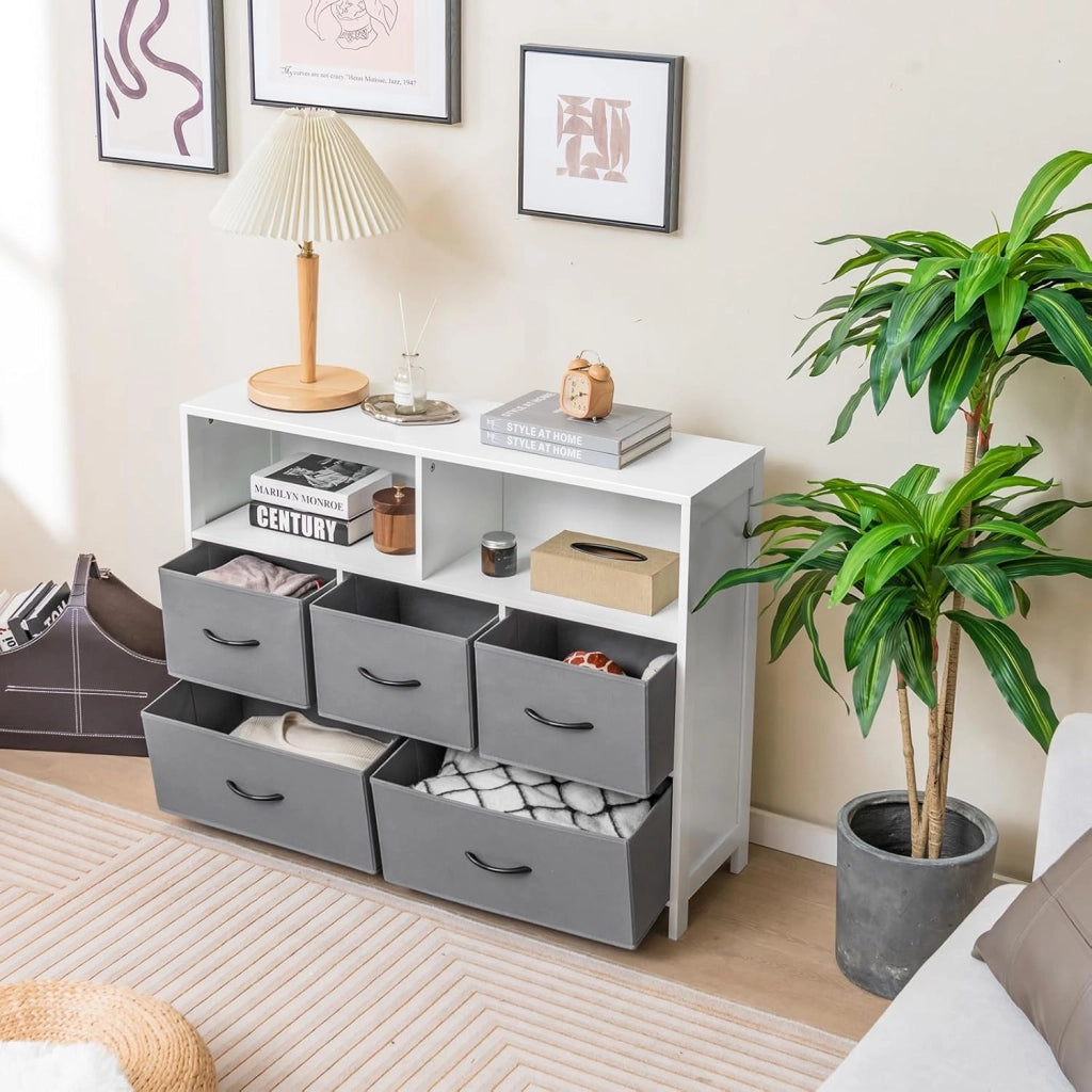 Cassettiera a 5 Cassetti, Comò Camera da Letto in Tessuto, Mobiletto Cucina con Maniglie, Scomparti e 5 Tiretti Pieghevoli, Armadio Multiuso per Bagno, Ingresso, Soggiorno, 100 x 30 x 78 cm