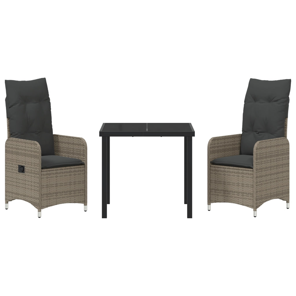 Set da pranzo da giardino di 3 pezzi con cuscini in polyrattan grigio