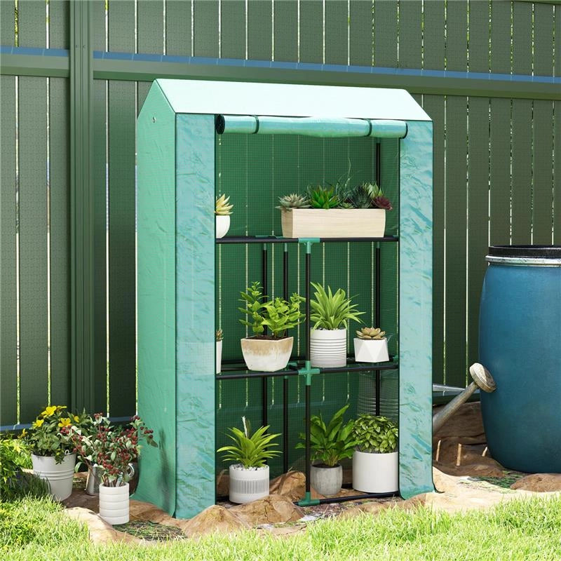 SERRA DA GIARDINO A 3 LIVELLI CON COPERTURA IN PE ANTI-UV E PORTA AVVOLGIBILE 100X40X150 CM VERDE
