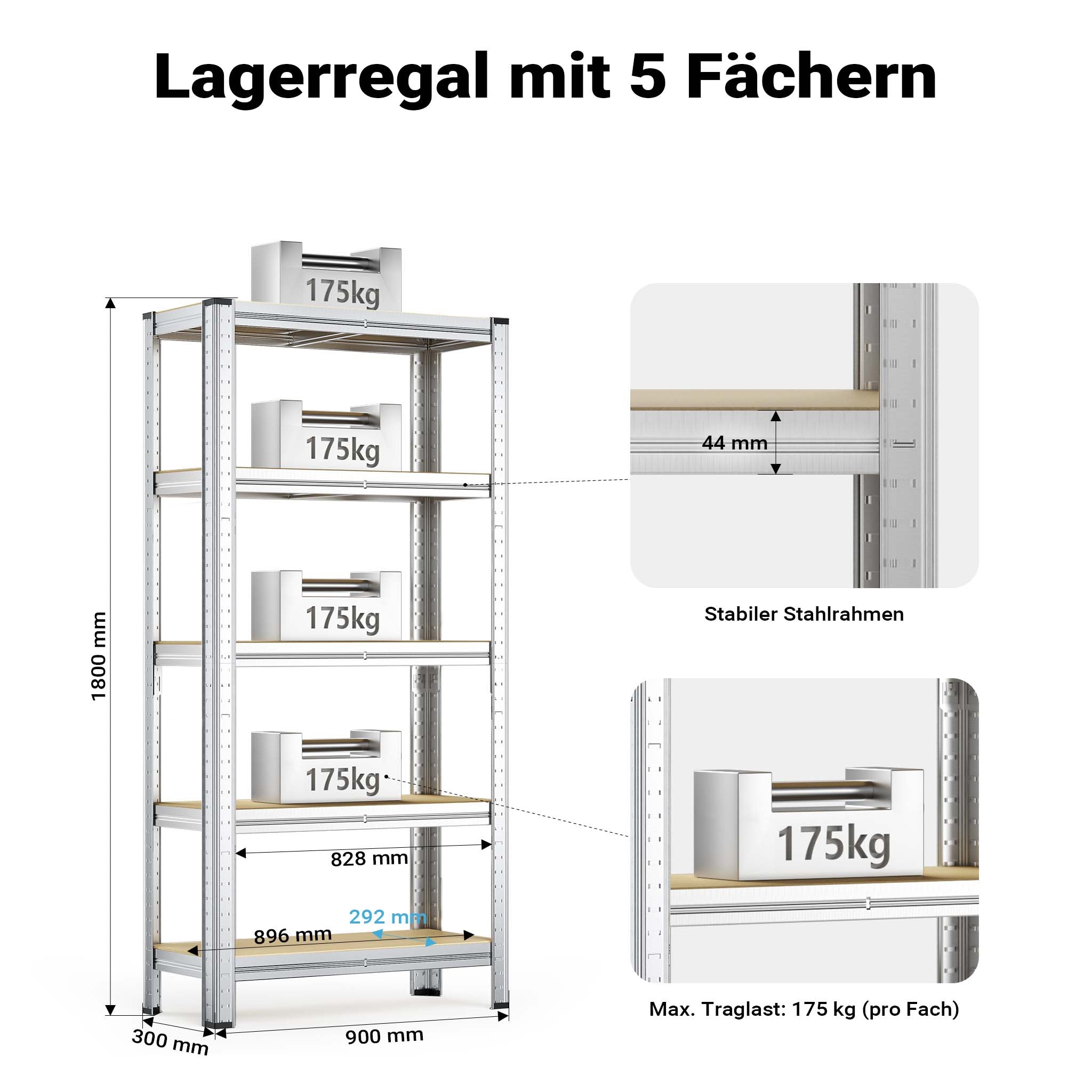 Scaffale per carichi pesanti zincato 180x90x30cm 875 kg Sistema a incastro Acciaio 5 ripiani