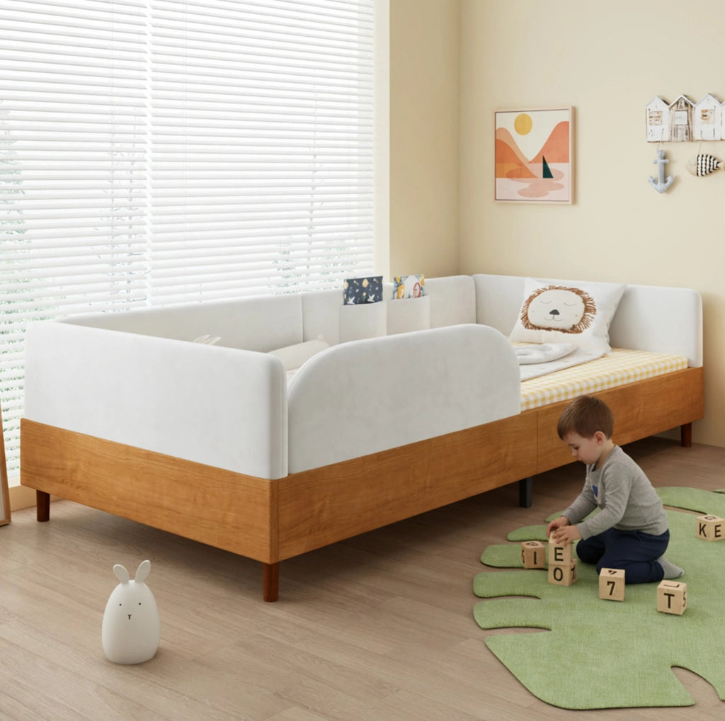 Letto singolo imbottito per bambini 90×200 cm in velluto bianco con 2 tasche