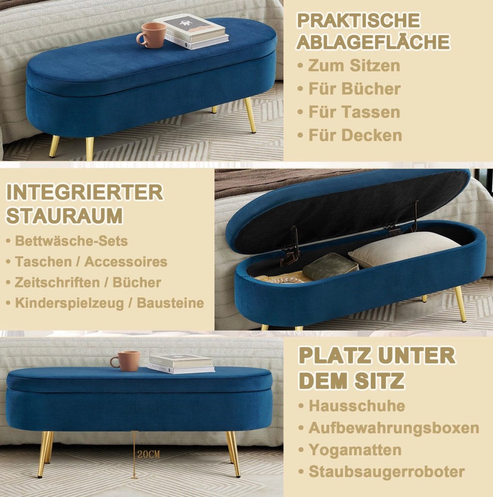 Panca contenitore in velluto blu scuro con vano da 20 L