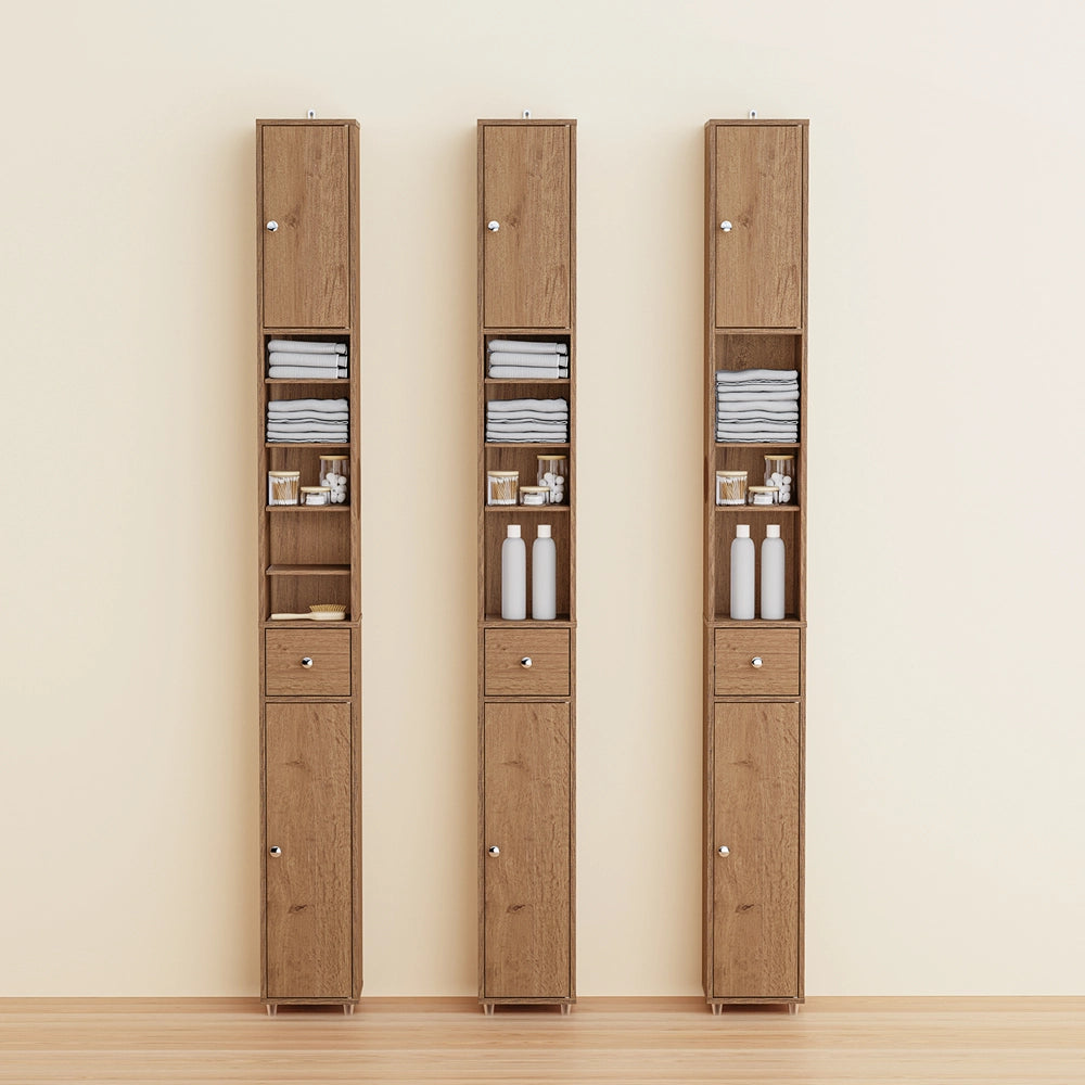 SoBuy Mobile Bagno Stretta – Colonna Bagno Idrorepellente, Alto con Ripiani Regolabili e Cassetto – Armadietto Salvaspazio di Legno, Colore legno, 20x180x20cm, BZR34-II-PF