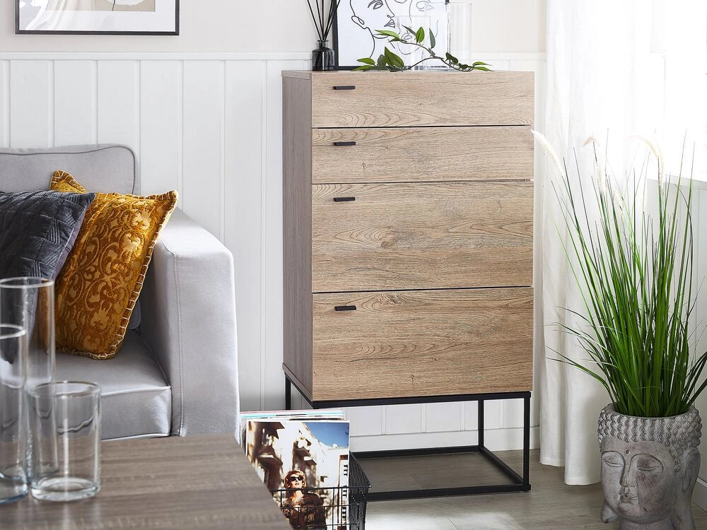 Cassettiera in legno chiaro a 4 ripiani con base in metallo Nero rustica