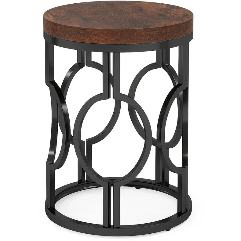 Tavolino rotondo ?45 x 50 cm in MDF e metallo; marrone rustico e nero