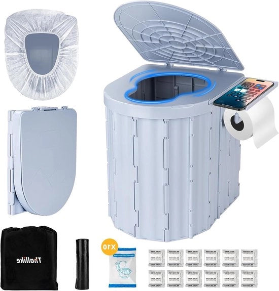 Camping toilet extra grande con coperchio, trasportabile e adatto per esterno e interno - inclusa appoggio per carta e tavolo per telefono