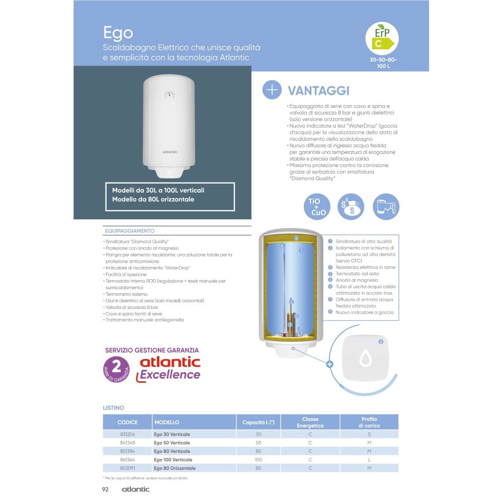 Atlantic ego scaldabagno boiler elettrico 80lt verticale - 2 anni di garanzia