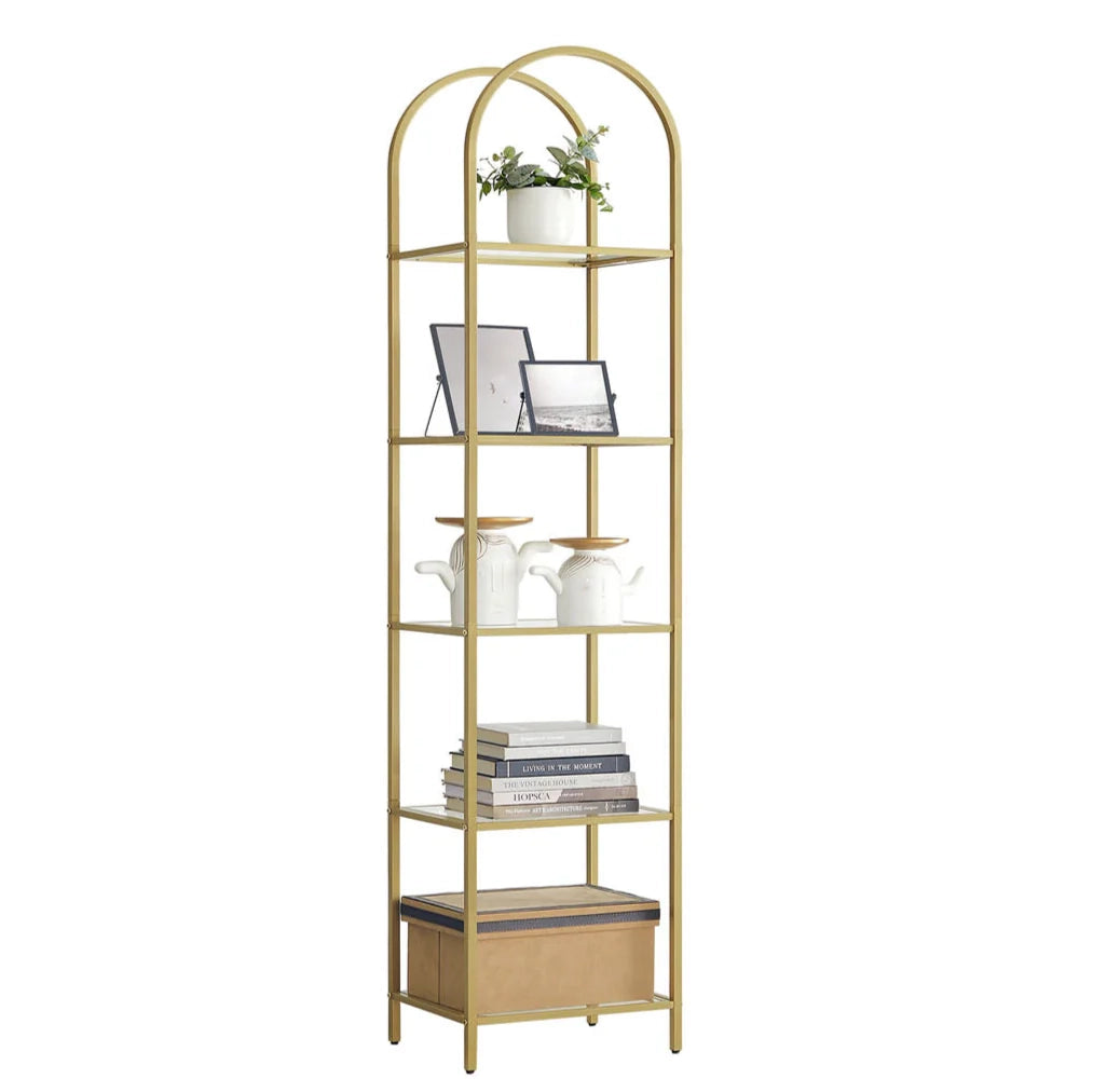 Libreria in vetro temperato a 5 ripiani 30,2 x 40 x 183,5 cm ripiano portaoggetti ad arco struttura in metallo per soggiorno camera da letto ufficio bagno 12_0004200