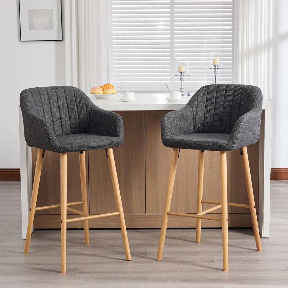 Sgabelli da bar contemporanei - Xylo - Schienale alto, braccioli, sedute in lino, gambe in legno