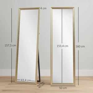 Specchio da terra a figura intera 160 x 50 cm, finitura oro, posizionamento flessibile