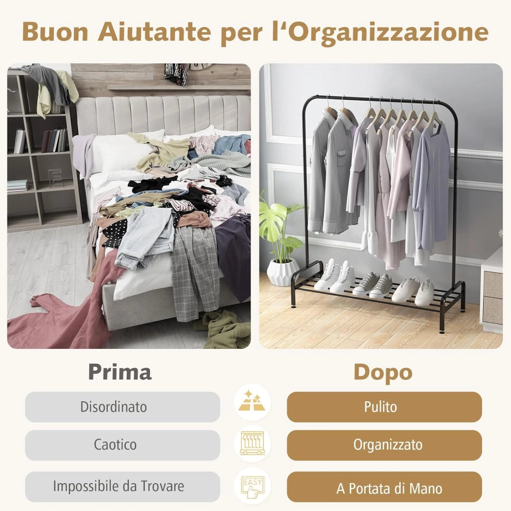 Stand Appendiabiti in Metallo, Appendiabiti da Terra con Barra Ripiano e Piedini Regolabili, Ideale per Camera da Letto e Soggiorno, 112x42x145 cm