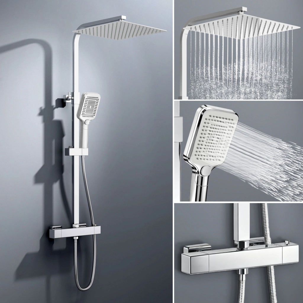 Colonna doccia con miscelatore termostatico, saliscendi doccia quadrato regolabile 73-115cm, cromo