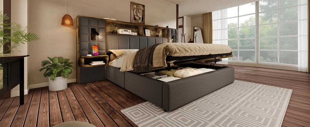 Letto matrimoniale 160 × 200 cm con contenitore, luci da lettura, 2 comodini, USB e Type-C, senza materasso, grigio