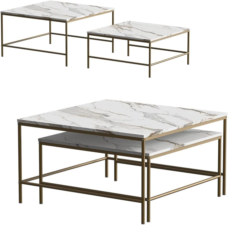 Tavolino da divano Ramio, Bianco/Oro, 80 x 80 cm 2 parti, per un utilizzo flessibile come superficie d’appoggio o tavolini laterali