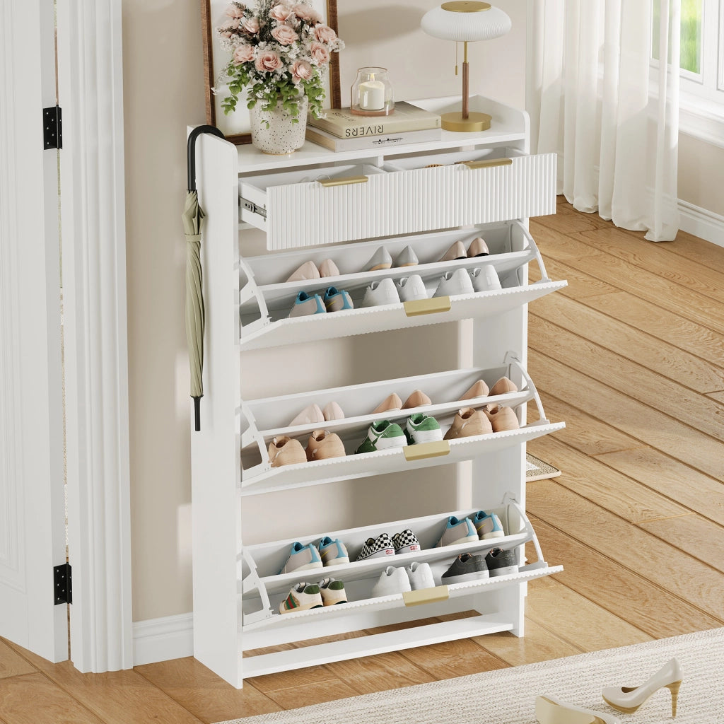 Scarpiera con 3 ante ribaltabili e 2 cassetti per ingresso in truciolare 80x25x135 cm bianco
