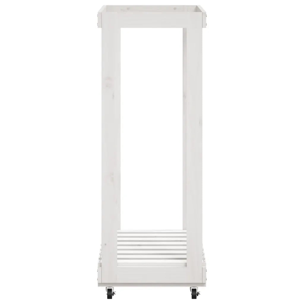 Portalegna con Ruote-Scaffale per Legna Bianco 76,5x40x108 cm Legno Massello Pino