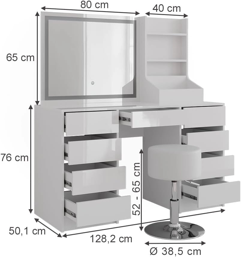 Tavolo da toeletta Sherry, Bianco/bianco lucido, 128.2 cm 4 parti
