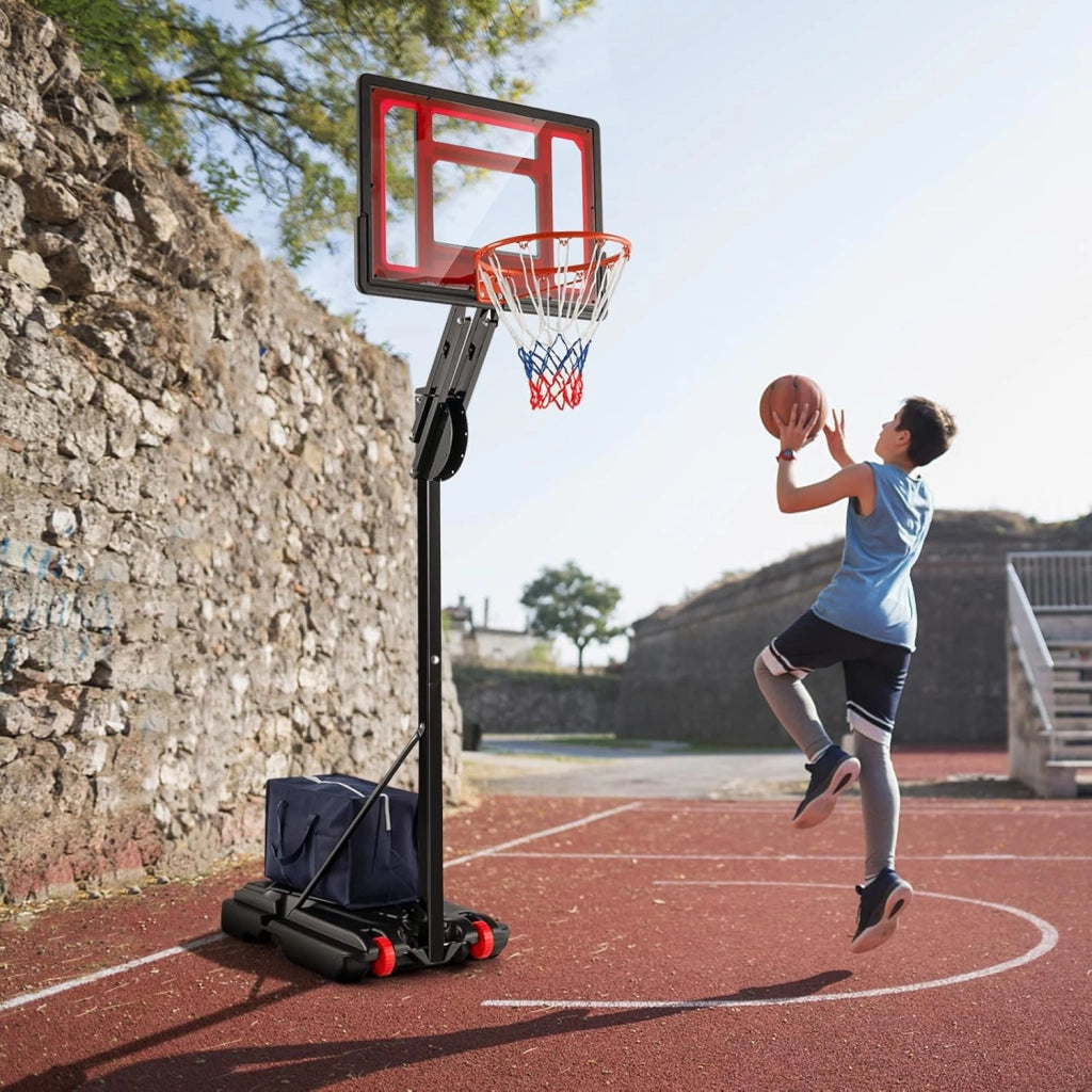 Canestro Basket per Esterno in PE, 10 Livelli di Altezza Regolabile 105-260 cm, Supporto da Basket Portatile con Ruote, Base, Pallacanestro per Interni, per Bambini e Adulti