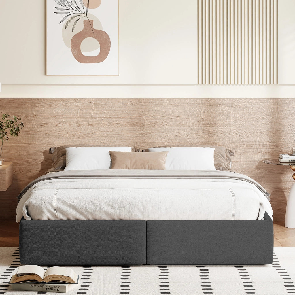 Letto matrimoniale contenitore 160x200 cm con vano idraulico e 2 cassetti rete a doghe senza testiera in lino grigio