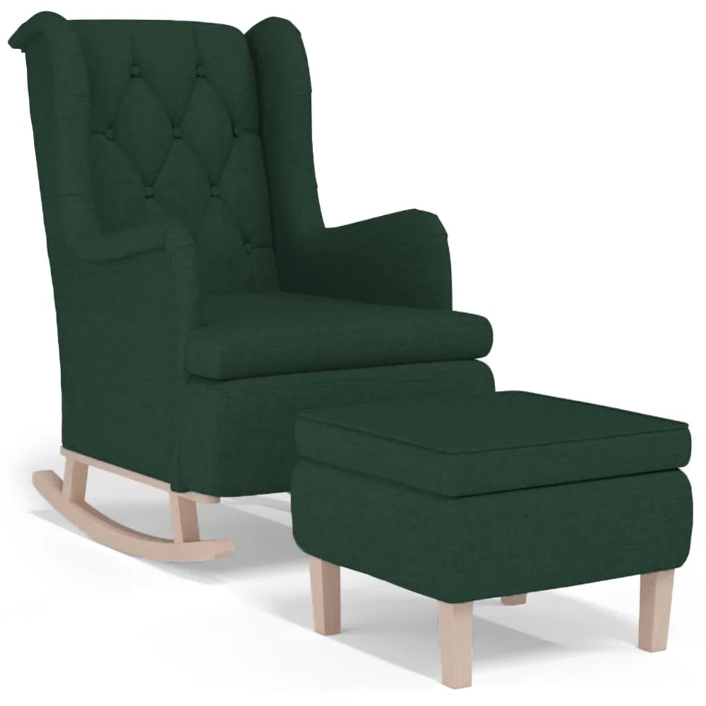 Poltrona con Gambe a Dondolo | Sedia Relax e Sgabello Verde Scuro in Tessuto